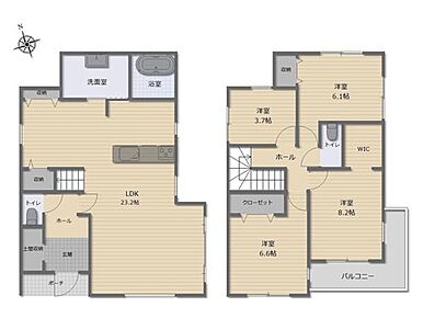対面式キッチン仕様の約２３．２帖リビング♪
居室４部屋あり、使用用途多数♪
WICや土間収納もついて、各所に収納スペース充実♪
日当たり良好な南側バルコニー♪ 