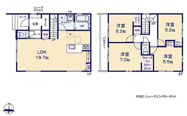【4LDK】折上天井仕様の約１９．７帖のリビング♪２階４部屋あり、お子様一人一人にお部屋が与えられます♪各所・各居室にクローゼットを配置し収納豊富♪２部屋から出入りできる西側バルコニー♪