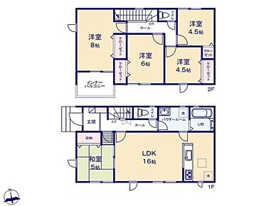 対面式キッチン仕様の約１６帖リビング♪
２階居室４部屋あり、使用用途多数♪
リビングに隣接した約５帖の和室♪
各居室に収納完備♪
日当たり良好な南側インナーバルコニー♪ 