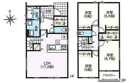 対面式キッチン仕様の約１７．２帖リビング♪居室４部屋あり、使用用途多数♪WICやFCLがあり、各所・各居室にも収納スペース充実♪陽当り良好な南側バルコニー♪ 