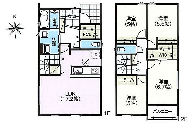 【4LDK】対面式キッチン仕様の約17.2帖リビング♪居室4部屋あり、使用用途多数♪WICやFCLがあり、各所・各居室にも収納スペース充実♪陽当り良好な南側バルコニー♪