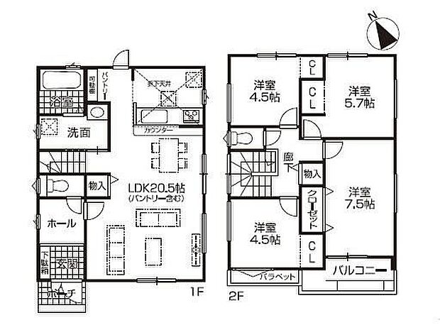 【4LDK】家族が自然と顔を合わせるリビングイン階段を採用♪
リビング収納付きで日用品をいれるのにぴったりです。
忙しい朝もスムーズな家事動線になる水回り集約設計☆