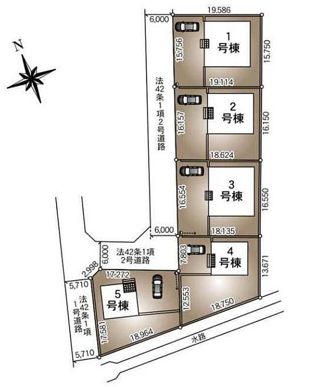 【区画図】敷地面積91坪以上の全5棟♪カースペース&お庭付き☆周辺は交通量の少ない生活道路なので小さなお子様がいても安心です♪