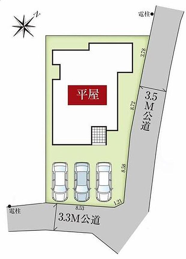 敷地70坪超えの角地♪
カースペース3台分ございますので、家族分の自転車を駐輪したり、来客用の駐車スペースとしてもお使いいただけます。