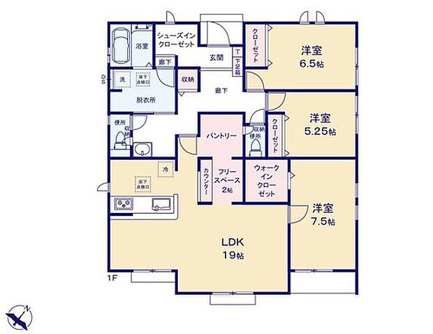 【3LDK】人気の平屋の間取りです☆
LDK続きにカウンター付きフリースペース完備♪
パントリーを採用！
水や食材をまとめ買いしても置き場所に困らないのはうれしいですね♪