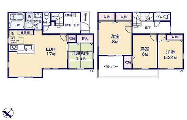 【4LDK】全居室が南東向き♪
水回りがまとまっているので忙しい奥さんには嬉しい間取りです。
リビング隣には、ホッとできる和室を用意！
お子様のお昼寝スペースや書斎としてなど、いろいろとお使い頂けます。