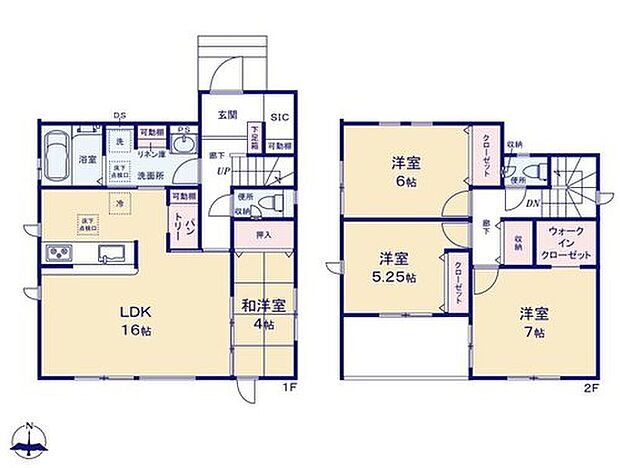 【4LDK】リビング隣の和室は、客間としは勿論、お昼寝スペースや多目的にお使い頂けますので、大変便利です！
主寝室にはウォークインクローゼットを完備☆
増えがちな衣類やバッグなどを効率よく収納できます。