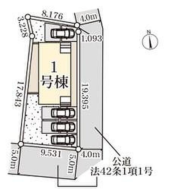 【全体区画図】敷地面積５２坪超♪
並列駐車３台駐車＋１台可！
お客様がいらしても安心ですね♪