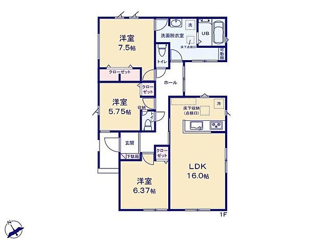 【3LDK】人気の平屋の間取りです☆
効率的でストレスのない家事動線♪
水回りが集中しており、移動がスムーズです！
大型洗面室吊り上げ物干し設置♪
