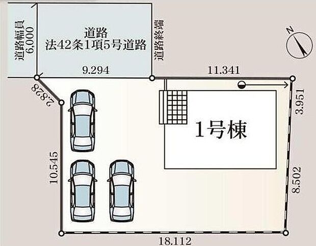 【区画図】カースペース広々♪
車種により3台まで駐車可能☆
前面道路は交通量少なめの６ｍ道路で、
お車の駐車も楽々です。