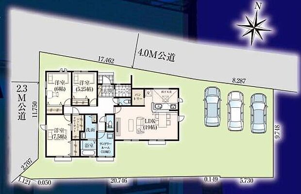 【全体区画図】敷地面積90坪超♪
並列駐車３台可！
お客様がいらしても安心ですね♪