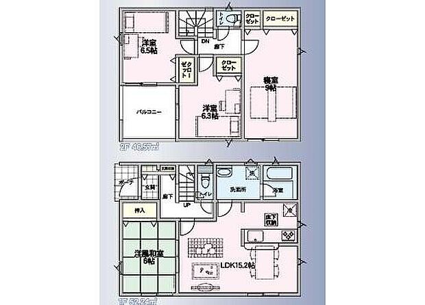 【4LDK】6帖の洋風和室は、ゆったり広さもあるので客間としても◎
6.5～9帖の2階居室！家具を配置してもゆとりが生まれます♪
急な雨でも心配いらずのインナーバルコニー！洗濯物やお布団もたっぷり干せます♪