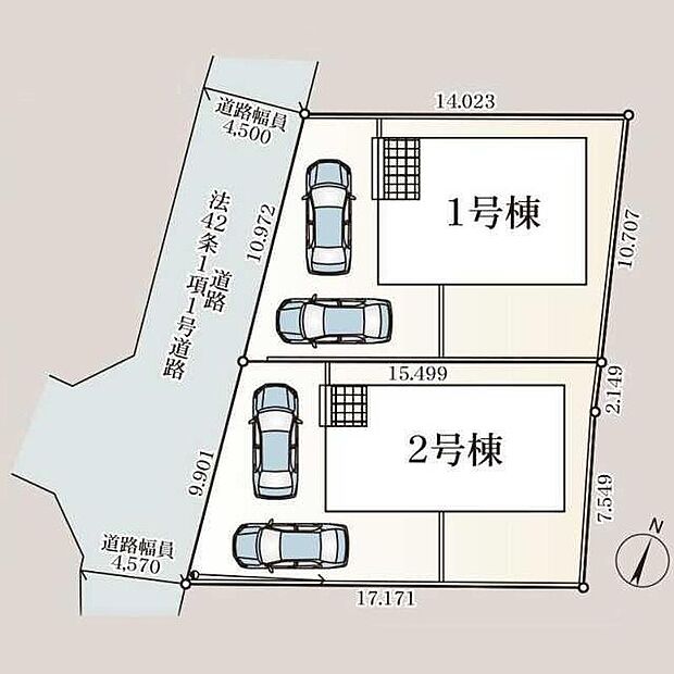 【全体区画図】カースペース2台分ございますので、家族分の自転車を駐輪したり、来客用の駐車スペースとしてもお使いいただけます。前面道路は、住人以外の車の進入も少なく、小さなお子様を持つご家庭にも安心。