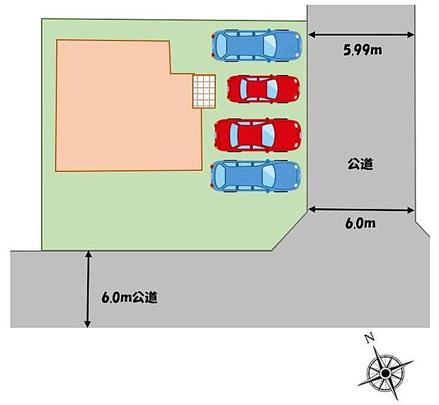 【全体区画図】南西×南東角地♪
車種によれば駐車4台可！
お客様がいらしても安心ですね♪