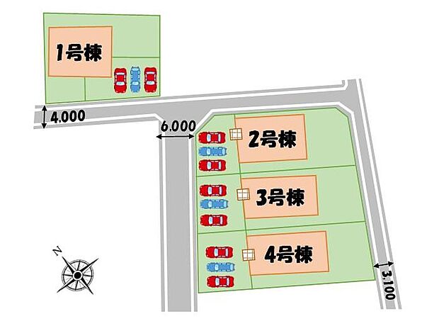 【全体区画図】カースペース3台分ご用意ございます♪(車種による)
家族分の自転車を駐輪したり、来客用の駐車スペースとしてもお使いいただけます♪