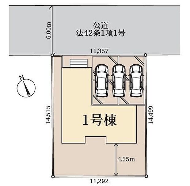 【全体区画図】お庭も駐車場もゆったり開放感に溢れるのびのび暮らせるお住まいです♪前道が6ｍあるので、車庫入れが苦手な方でも安心して入れられます◎