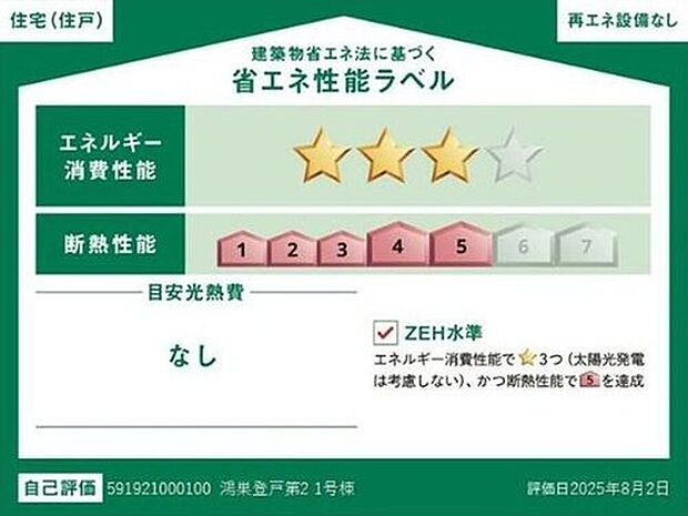【【省エネ性能ラベル】】こちらの物件はZEH水準を満たした、省エネ性能に優れた物件です。光熱費を抑えて暮らすことができるだけでなく、「熱の入りにくさ・逃げにくさ」という観点でも影響を受けにくい建物のため、長く快適にお過ごしいただけます♪※本ラベルは特定の住戸の性能を示すものであり、全ての住戸の性能を示すものではありません。