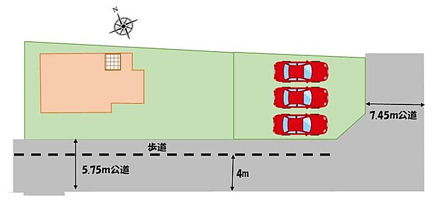 【全体区画図】敷地面積１００坪超♪
並列駐車３台可！
お客様がいらしても安心ですね♪
前面道路も広いので駐車もらくらく♪