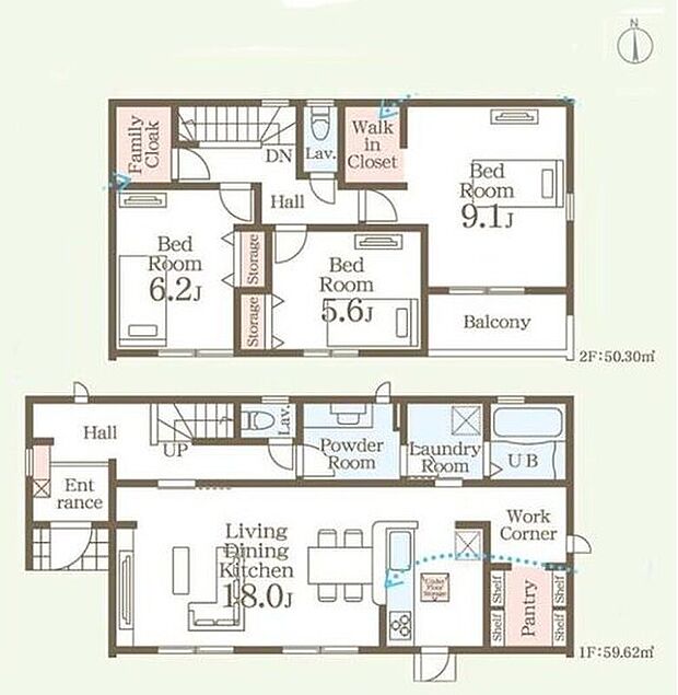 【3LDK】◇広々18帖のLDK♪対面式キッチンを採用◎
◇収納力豊富なファミリークロークやパントリー付き♪
◇居室を2階に集約し、プライバシーにも配慮♪