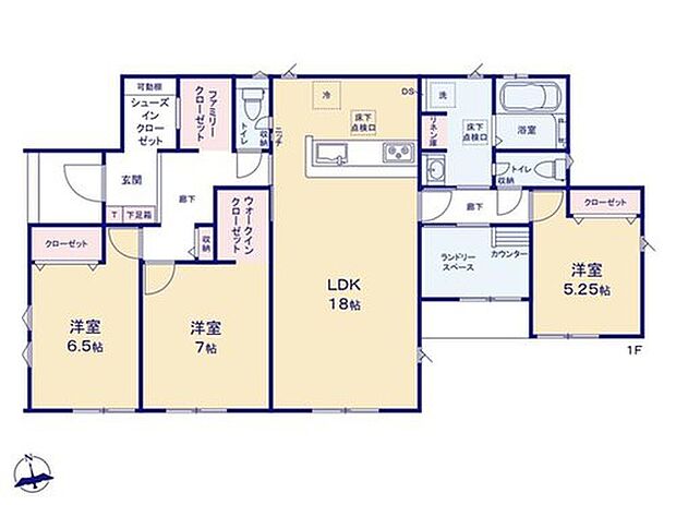 【3LDK】◇18帖の広々LDKを中心に各居室が配置された使いやすい平屋プラン♪
◇お料理中もご家族との会話が弾む対面式キッチン採用♪
◇洗面・浴室・ランドリースペースがまとまり、洗濯から収納までスムーズ♪