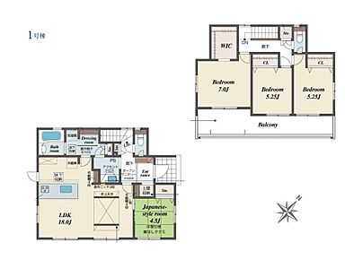 折上天井仕様の18帖LDK☆全居室南向き×2階建プラン♪
可動棚付きの対面式キッチン採用☆採光や通風をUPする勝手口を配置◎
全居室南向き＆全居室収納完備！7帖の主寝室にはWICをご用意☆ 