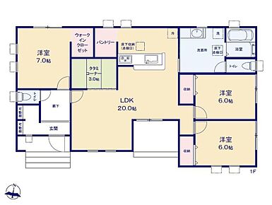 生活動線がコンパクトで人気の平屋プラン♪
WICやキッチンパントリー付きで収納が充実です◎
南向きに開けたLDKは広々20帖！
隣接したタタミコーナーはお子様の絵本スペースにもぴったり☆ 