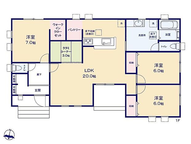 【3LDK】生活動線がコンパクトで人気の平屋プラン♪
WICやキッチンパントリー付きで収納が充実です◎
南向きに開けたLDKは広々20帖！
隣接したタタミコーナーはお子様の絵本スペースにもぴったり☆