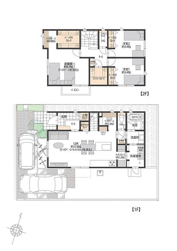 【3LDK】南向きの陽光が差し込む約17.8帖の広々LDKワークスペース、キッチンクローク含む)にワークスペースを確保。ファミリークローク・パーソナルクローク・土間クロークなど収納も充実した、機能的な間取りです。