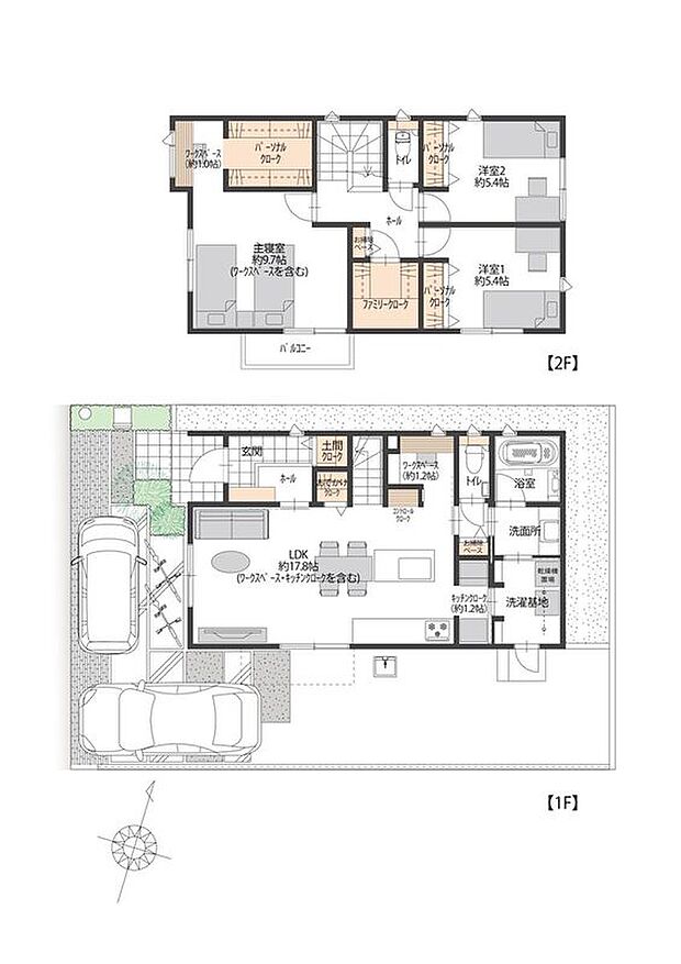 【3LDK】1階にリビングと水回り、2階に洋室3部屋のある3LDK。2階約9.7帖(ワークスペース含む)の主寝室には、ワークスペースがございます。読書、PCデスクなど様々な用途でお使いいただけます。