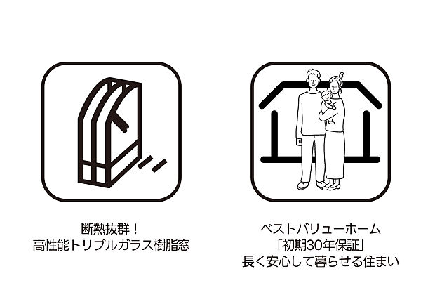 【断熱性の高い窓と30年保証で安心が続く住まい】高性能トリプルガラス樹脂窓を採用し、外気温の影響を受けにくい快適な住まいを実現。夏の熱気や冬の冷気をしっかり遮断し、エアコン効率の向上や結露の抑制にも効果を発揮します。断熱性の高さは光熱費の削減にもつながり、環境にも家計にも優しい仕様です。さらに「初期30年保証」により、長く安心して暮らせる品質を確保。建てた後の生活まで見守る、信頼性の高い住まいです。