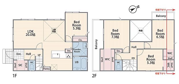 吹き抜け天井が叶える、広々とした開放感あふれる空間！大きな窓と上部からの光が降り注ぎ、一日中明るいリビングです。温かみのある木目調のフロアとホワイトを基調とした内装は、シンプルモダンなデザイン。