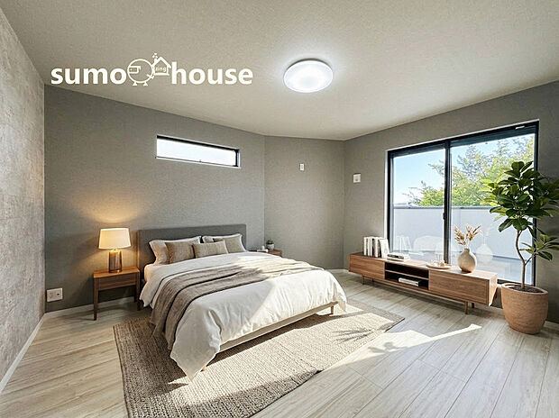 掃き出し窓や高窓など、複数の窓を効果的に配置した多面採光設計です。お部屋の隅々まで自然光が届き、日中は照明をつけなくても明るく爽やかな空間が保たれます。(家具等はCGです)