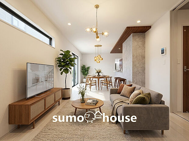 【リビング】広々としたLDKは南側に面した大きな窓から豊かな採光が降り注ぐ明るく開放的な空間です。天井にあしらわれた木目調の折下げ天井が、空間に奥行きと上質なアクセントを加えています。(家具等はCGです)