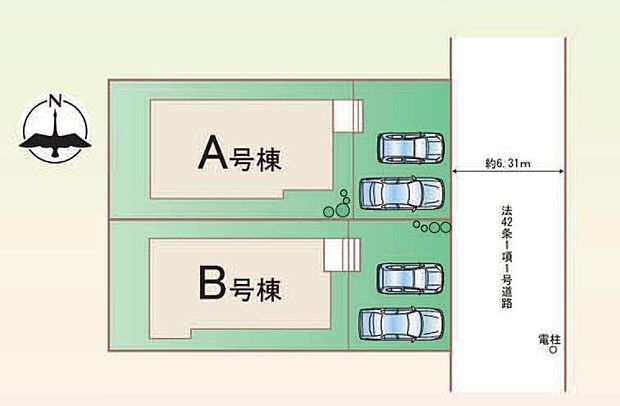 【全体区画図】敷地面積広々♪４０坪以上♪
前面道路は約６．３ｍあり、駐車もラクラク♪