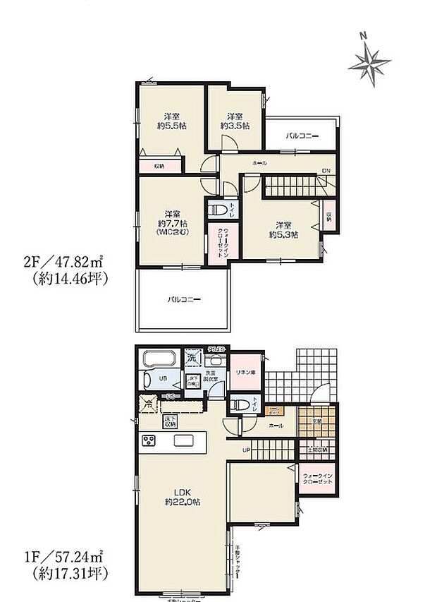 約22帖の広々LDKはゆったりくつろげる家族団らんの憩い空間
WIC・土間収納・リネン庫もあり暮らしの質が高まる間取りです。
