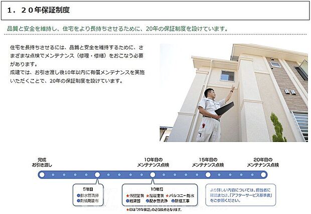 お引き渡しから最長20年間の長期保証で、いつまでも安心の暮らしをサポート。定期的なメンテナンスで、大切な住まいの品質と安全を守ります。
