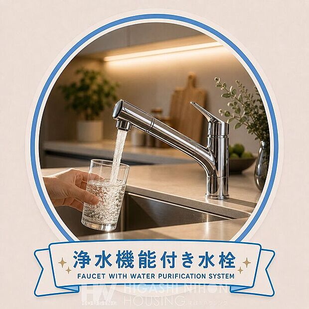 浄水機能付き水栓を採用し、料理や飲み水にも便利。手軽にきれいな水をご利用いただける使い勝手の良い設備です。※掲載画像はイメージであり、実際の設備・仕様・形状とは異なる場合があります。