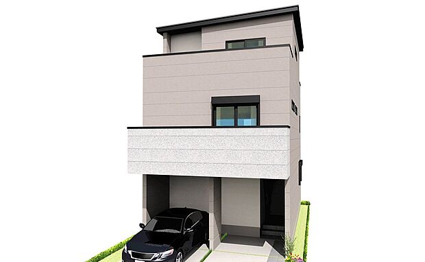 【建物プラン例】スタイリッシュな直線フォルムと落ち着いたカラーが上質感を演出。大きなバルコニーが外観のアクセントとなり、陽光を取り込みつつ開放感ある暮らしを叶えるデザインです。