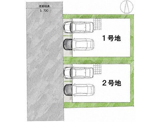 【全体区画図】【区画図】道路:西向き・幅員5.7m土地面積:79.67平米~80.29平米
