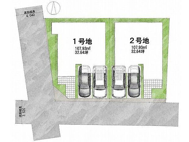 【間取図(平面図)】【区画図】1号地道路:南、西向き・幅員3.5~4m土地面積:107.93平米