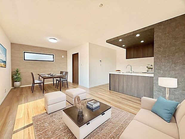 【家具設置イメージ画像】家族が自然と顔を合わせる機会が増えるリビング階段。玄関ホールや廊下を省略できるため、家の中のスペースの有効活用にもなります。