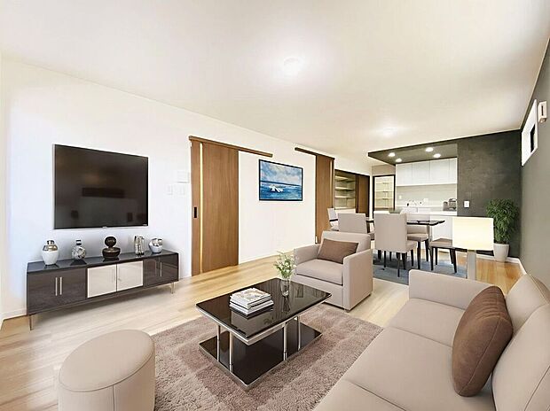 【家具設置イメージ画像】家族が自然と顔を合わせる機会が増えるリビング階段。玄関ホールや廊下を省略できるため、家の中のスペースの有効活用にもなります。