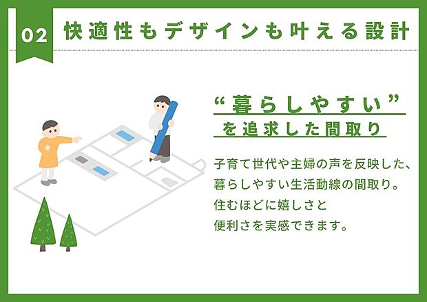 【その他現地】【暮らしやすい間取り】一級建築士と女性コーディネーターが協力し考案した、快適性とデザインを両立した間取り。子育て世代や主婦の声を反映し、生活導線を重視。家族の成長に合わせた柔軟な空間を実現しました。