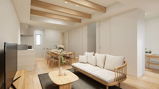 【完成予想図(内観)】■1号地リビング(パース) リビングの一角に、約1.0帖のワークスペースを設けました。ご家族を見守りながら仕事をできるテレワークスペースや、お子様の宿題スペースなどにご活用いただけます。