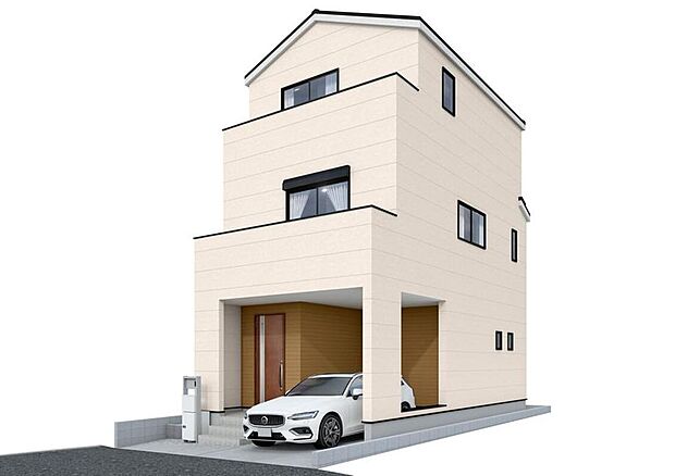 2号棟【完成予想図】
ビルトイン車庫付きの3階建てプラン。大切なお車を雨や汚れから守りながら、限られた敷地を有効活用した都市型住宅です。機能性とデザイン性を兼ね備えています。