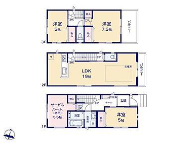 B号棟【間取り図】3SLDK　LDK19帖　床暖房あり 