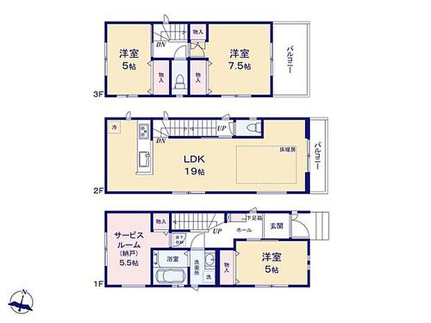 【3LDK+S】B号棟【間取り図】3SLDK　LDK19帖　床暖房あり