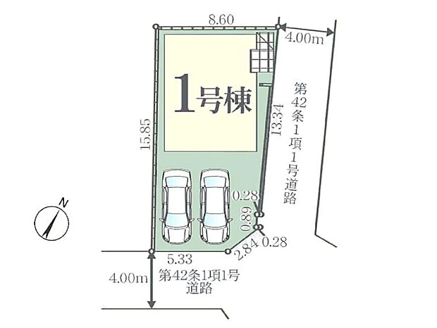 【【区画図】】是非とも現地をご確認ください。並列2台が駐車できる南東角地
