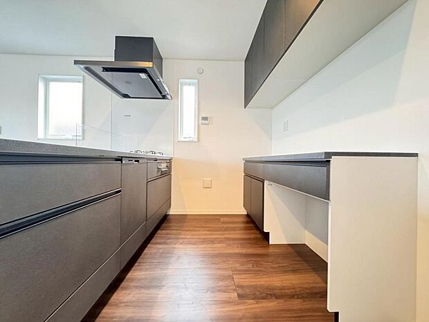 機能充実のシステムキッチンです。浄水器一体型水栓に3口グリルコンロ、食洗器と充実しておりママの家事をサポート致します。