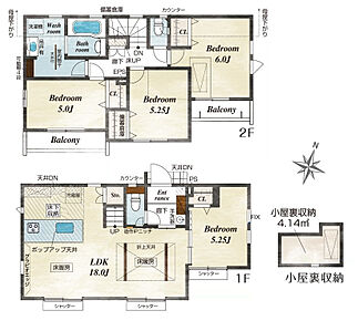 【1号棟　間取図　建物面積：94.39m2】 リビングを中心に、ご家族皆様が充実の暮らしをお送りいただけるプランニングです。 